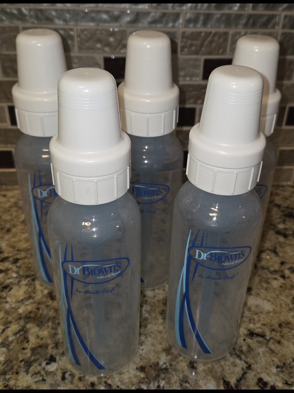 (5) Dr. Brown's Anti-colic 8oz Baby Bottles  Blue Clear White Lids Tops